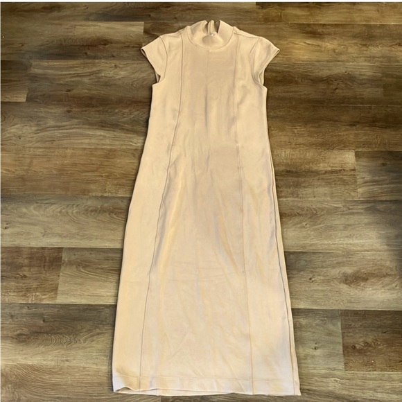 Varley Taunton Mock Neck Midi Dress Beige Sz S Cap Sleeve - Picture 2 of 7